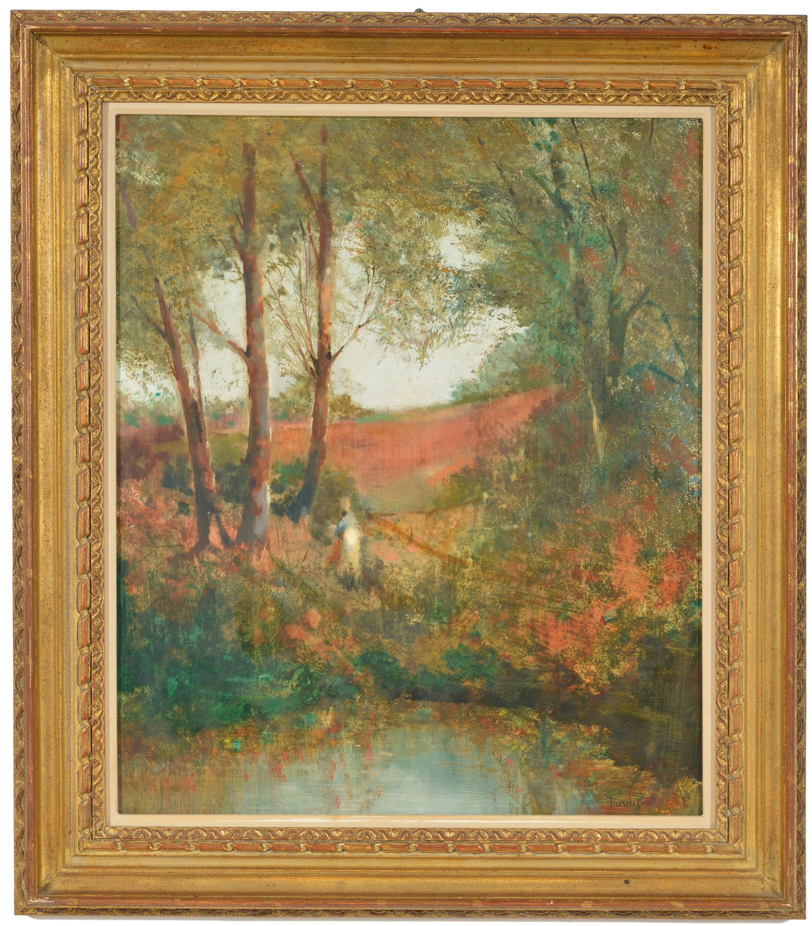 Donald Purdy. Impressionist landscape with a figure in the woods. Oil on masonite. Signed lower: Donald Purdy. Impressionist landscape with a figure in the woods. Oil on masonite. Signed lower right. Sight: 24.5 x 20in. Overall: 32 x 27in.