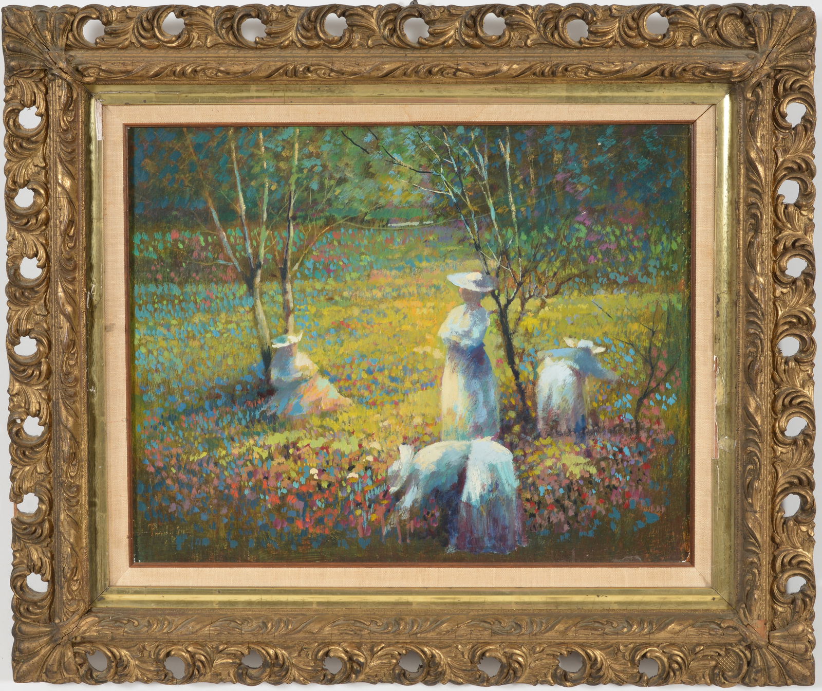 Donald Purdy. Impressionist landscape of women picking wildflowers in a field. Oil on masonite.: Donald Purdy. Impressionist landscape of women picking wildflowers in a field. Oil on masonite. Signed lower left. Framed. Sight: 16 x 19.5in. Overall: 24 x 28in.