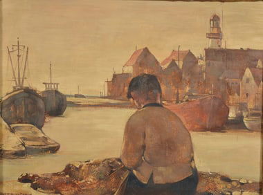 Willem Van Den Berg. Harbor scene with a figure tending to a fishing net. Oil on board. Signed lower
