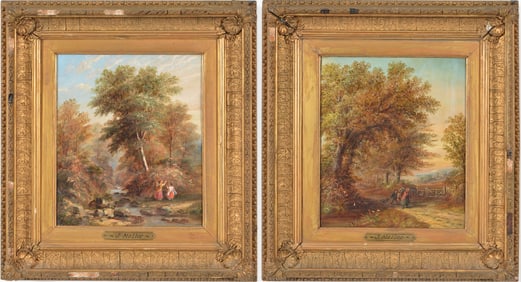 Joseph Mellor. Pair of English countryside landscapes with figures. Oil on canvas. Framed. Both