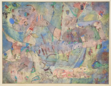 1963 original surreal mixed media painting depicting a cat and other objects. Signed and dated lower
