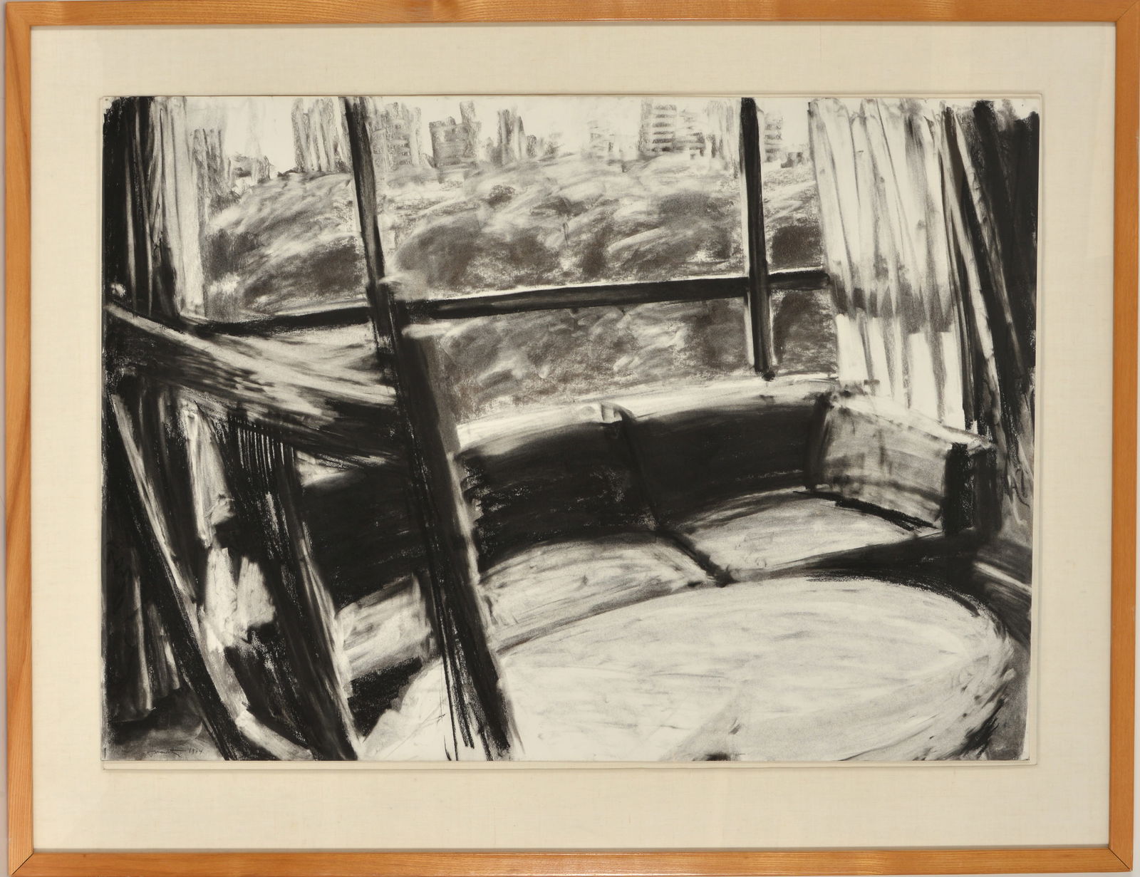 Joel Janowitz. "View from the Ritz". Charcoal drawing on paper Signed and dated 1984 lower left.: Joel Janowitz. "View from the Ritz". Charcoal drawing on paper Signed and dated 1984 lower left. Framed under glass. Sheet size 28.5 x 39 in, overall size is 37.5 x 28.5 in.