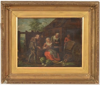 18th century genre scene of a beggar. Oil on canvas. Framed.