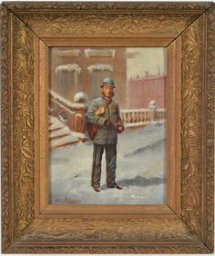 William Partridge. Letter carrier in the snow. Oil on board. Framed. Signed lower left.