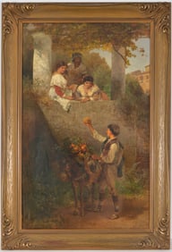 19th century genre painting of a gourd seller and women on a balcony. Oil on canvas. Framed. Signed