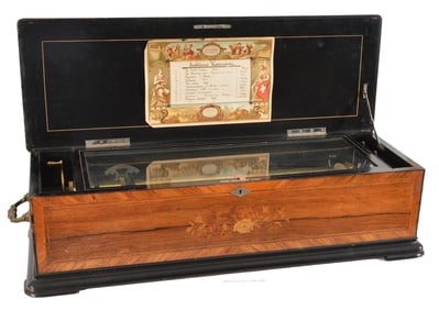 Swiss 10 tune music box with inlaid walnut case and ormolu handles, 19th Century. Some wear to case