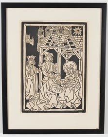 16th century style medieval woodcut depicting The Adoration of the Magi. Framed under glass. Childs