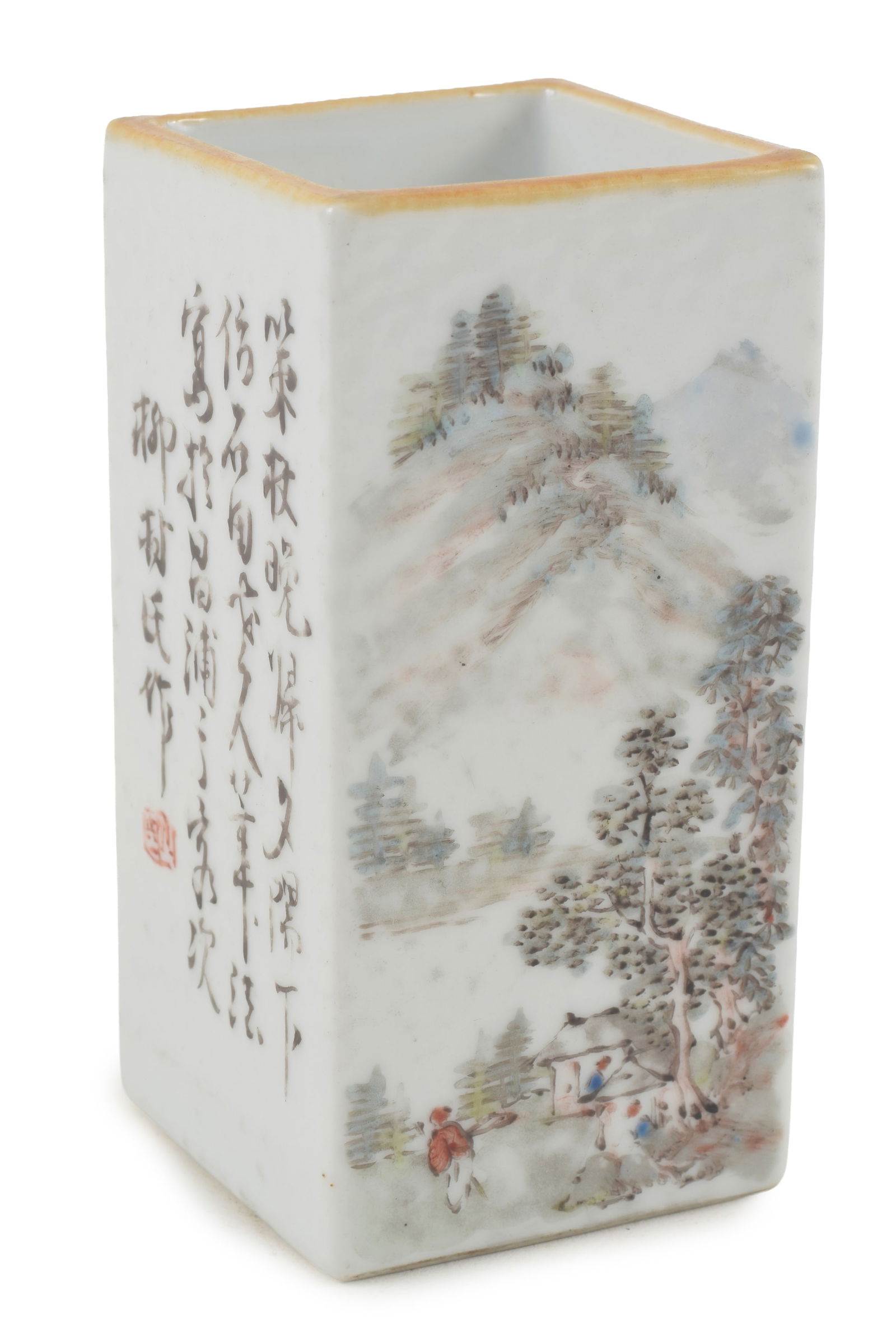 Porcelain brush pot. China. Republican period ca. 1930. Square form. Decoration of sepia landscapes