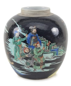 Porcelain jar. China. 19th century. Ovoid form. Famille rose historical scene. 10.5in.
