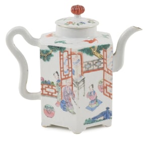 Porcelain wine pot. China. 18th century. Hexagonal shape. Famille rose decoration of a scene from