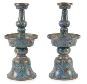 Pair of Cloisonne candlesticks with broad bobeche and flare bases. China. 19th century. Engraved pre