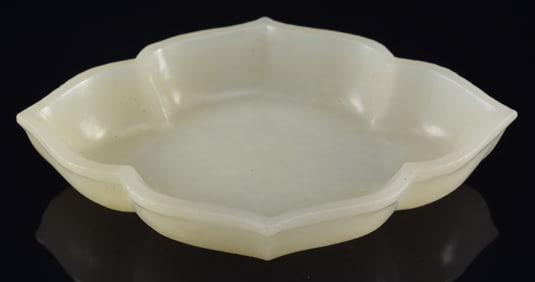 Jade dish. China. Chien Lung mark (1735-1796). Pure white, highly translucent stone. Foliate form