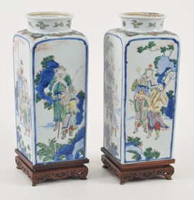 Pair of porcelain vases. China. 19th century. Square form. Wu Tsai decoration of historical scenes.