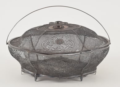 Chinese export silver filigree handled basket with cover. 11 x 6in. Loss.
