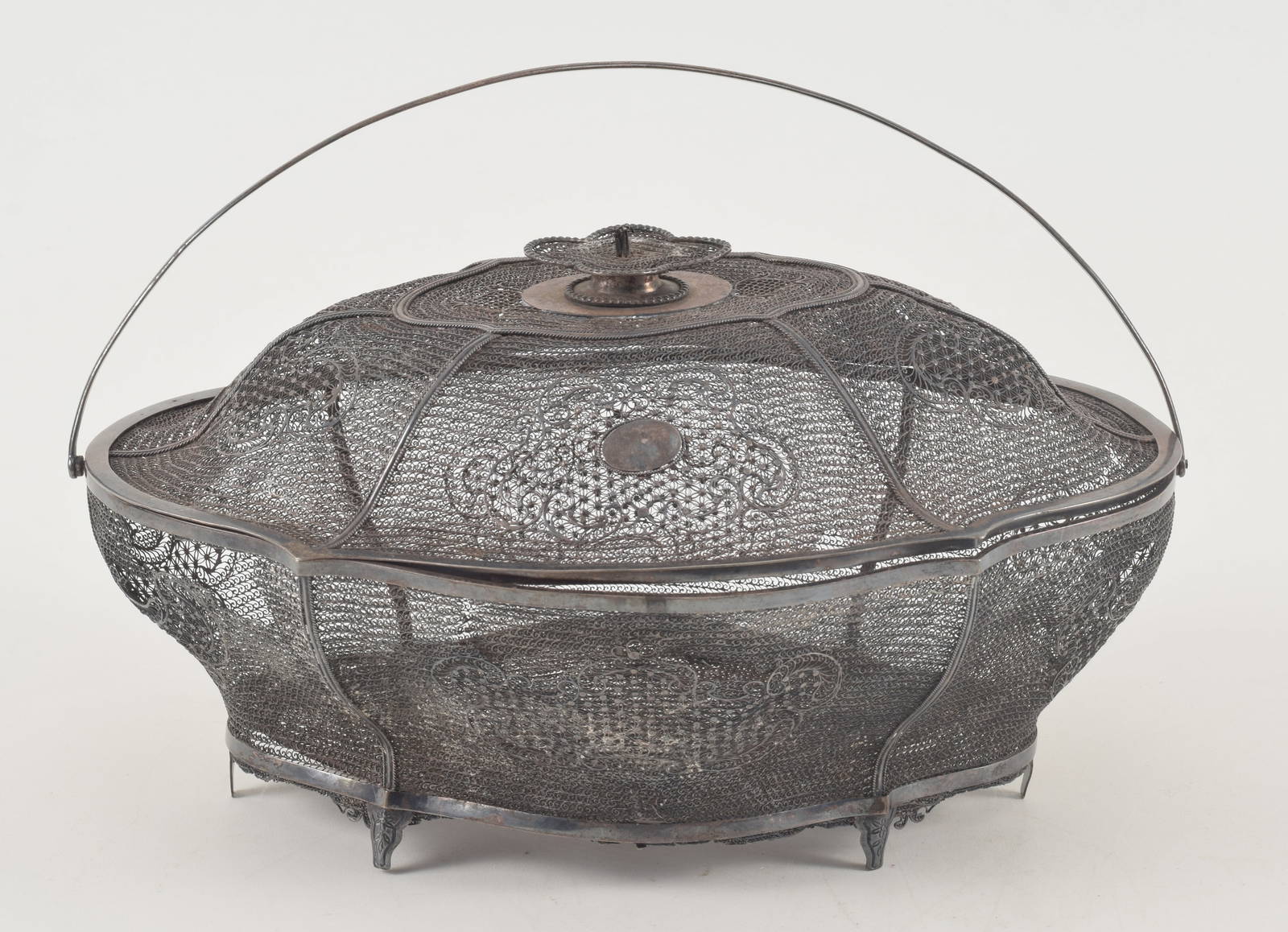 Chinese export silver filigree handled basket with cover. 11 x 6in. Loss.