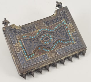 Silver talisman box. Ottoman. 19th century. Trebizond area. Surface inlaid with niello, turquoise