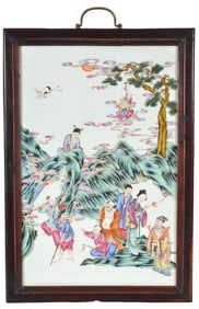 Porcelain plaque. China. Early 20th century. Famille rose decoration of the immortals. Rosewood