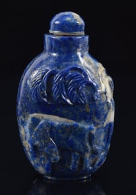 Lapis lazuli snuff bottle. China. Ca. 1850. Decoration of a cat and butterfly and a horse at a