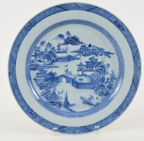 Chinese export charger. China. 18th century. "Nanking" style underglaze blue decoration. 14in.