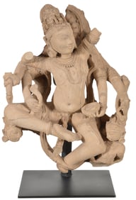 Carved sandstone image of Shiva. North India. 12th century. Size of carving: 22in H x 16in W.