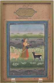 Indian miniature painting. 19th century. Rajastan woman with a musical instrument. Image: 6 x 9in.