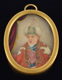 Mughal miniature painting. India. 19th century. Portrait of a turbaned white bearded elder. 1.75in.