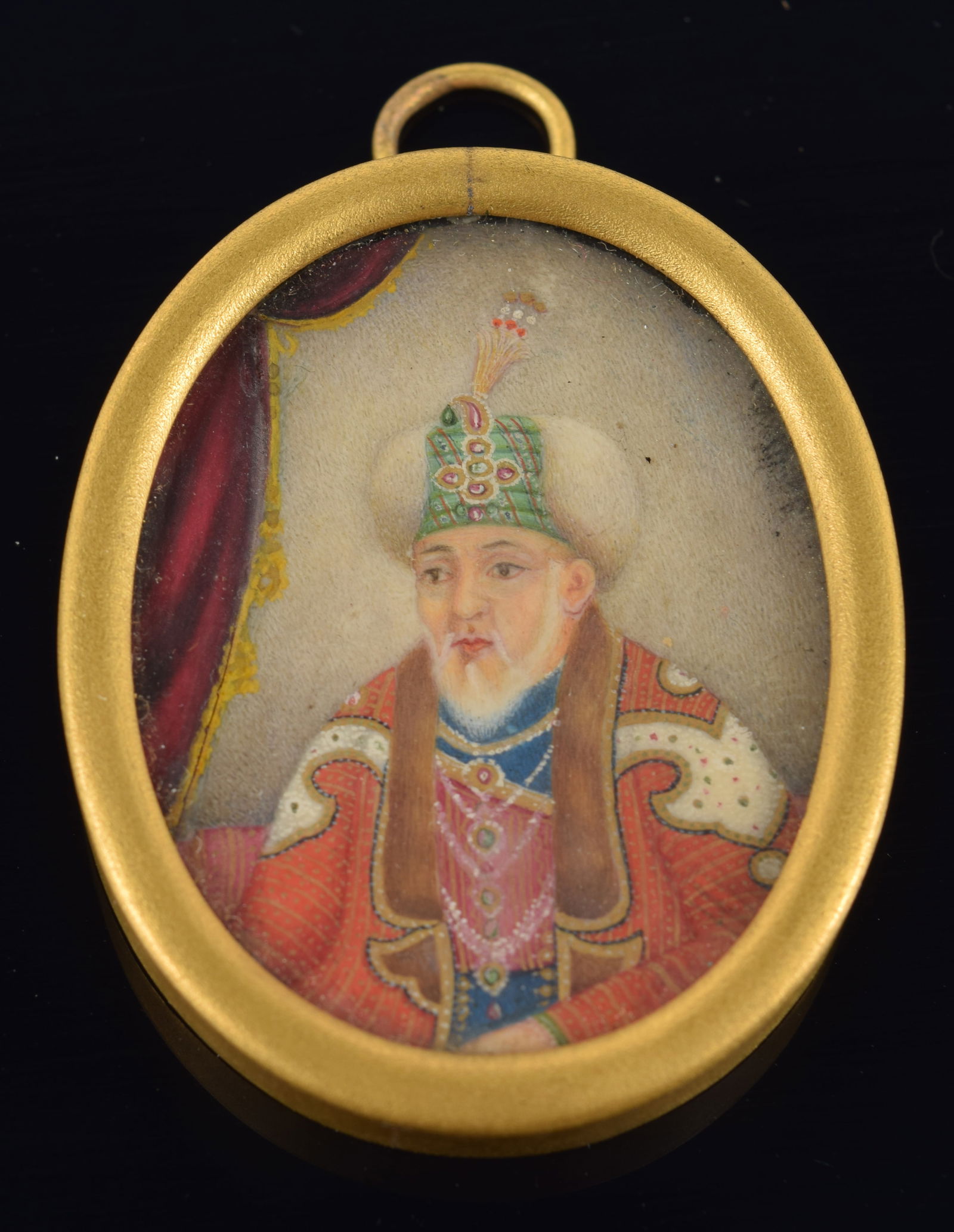 Mughal miniature painting. India. 19th century. Portrait of a turbaned white bearded elder. 1.75in. (1 of 2)