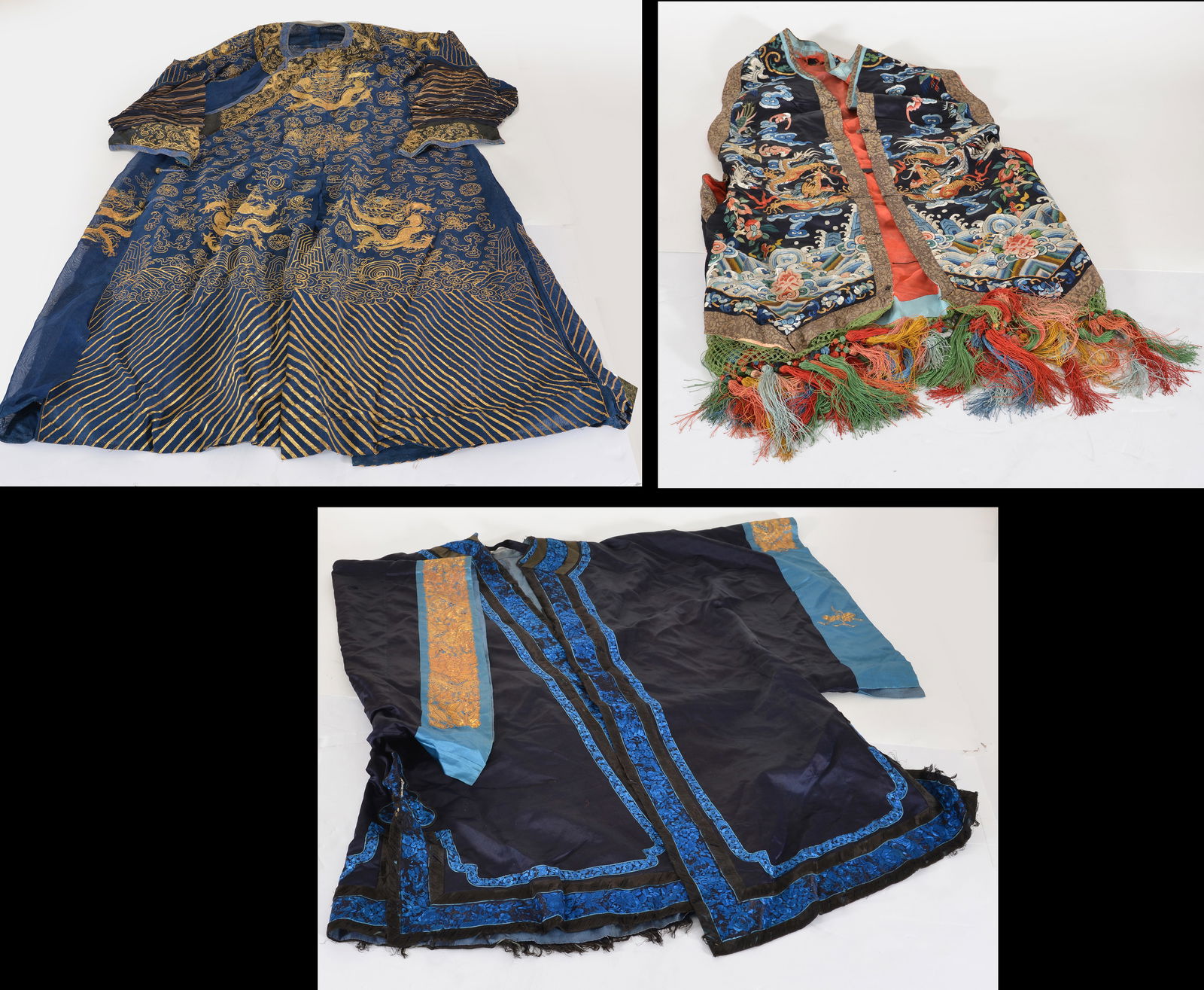 Lot of 3 textiles. China. 19th century. To include: a gauze dragon robe, a court vest, and a robe (1 of 5)