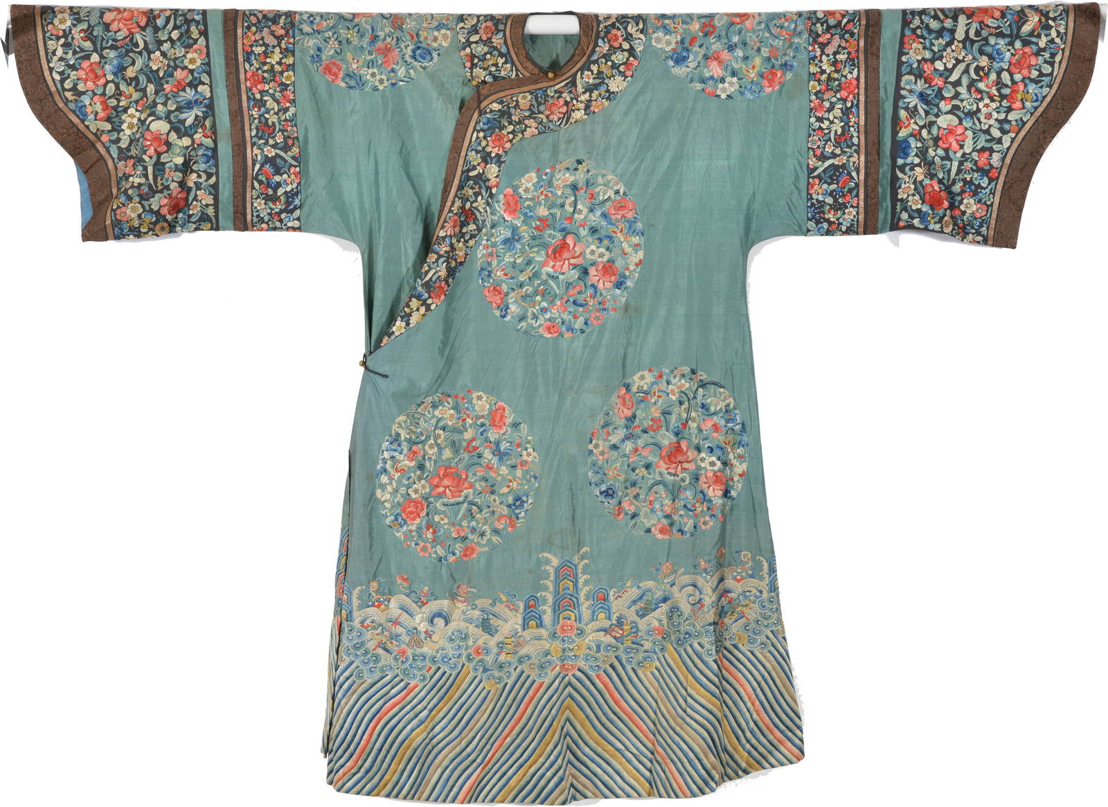 Formal robe. China. 19th/early 20th century. Floral roundels, floral borders. Lishui hem.