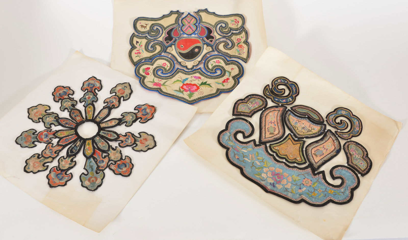 Lot of 3 Chinese embroidered textiles. Mid 19th century. Robe appliques. Each about 13in. (1 of 4)