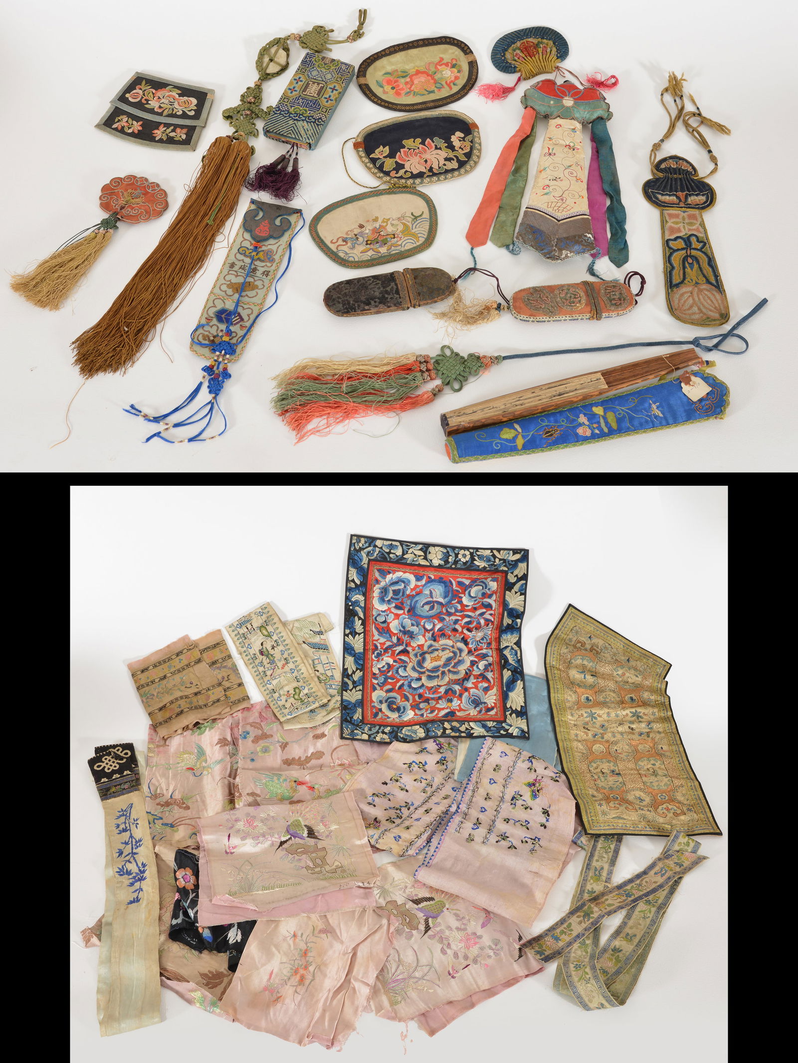 Lot of approximately 15 assorted textiles. China. 19th century. To include: fan cases, eyeglass (1 of 13)