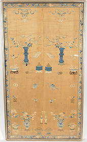Embroidered panel. China. 18th/19th century. Decoration of the Hundred Antiques on a pale yellow: Embroidered panel. China. 18th/19th century. Decoration of the Hundred Antiques on a pale yellow ground. Stylized floral borders. Framed under glass. Image: 62 x 35in.