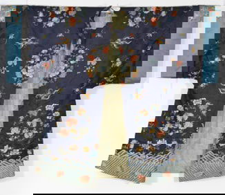 Woman's robe. China. 19th century. Dark blue ground with embroidered flowers and butterflies.