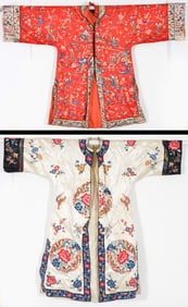 Two robes. China. 20th century. One on a white ground, the other red.