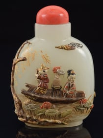Jade snuff bottle. Ca. 1920. Tsuda family overlay of an outing in a boat in a lotus pond. Coral