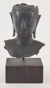 Buddha head. Bronze. Thailand. 17th century. Loss. Museum mounted. 6in.