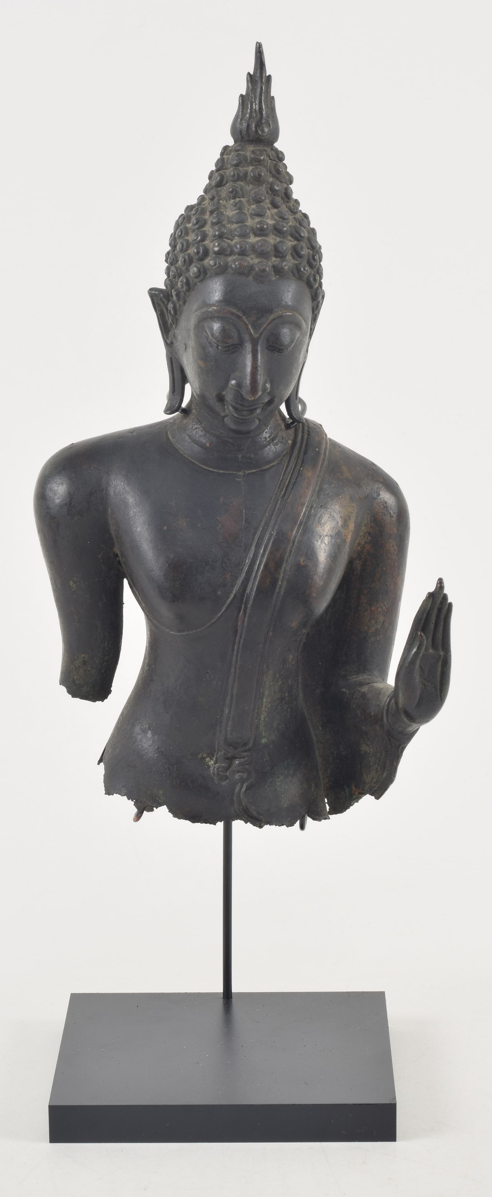 Bronze bust. Thailand. 18th century. Standing fragmentary image of a standing buddha. 9.5in. (1 of 6)