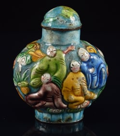 Peking enamel snuff bottle. China. Early 20th century. Decoration of Luohans. 2.5in.