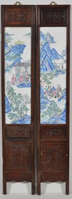 Pair of Peking enamel panels. China. Early 20th century. Landscapes and pavilions with figures from