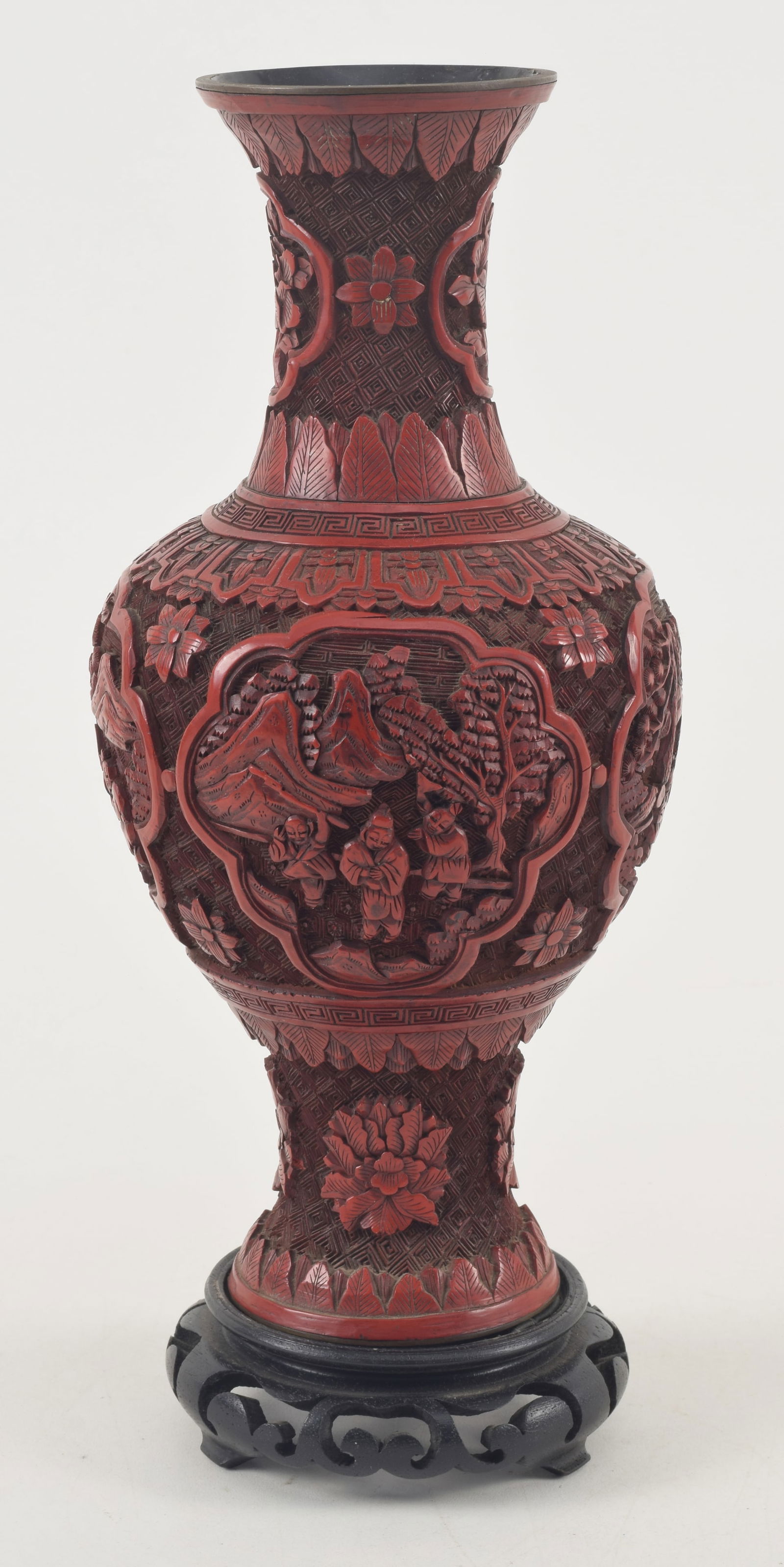 Carved cinnabar vase. China. 19th century. Drilled. 10in. (1 of 7)