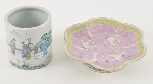 Two porcelains. China. 19th century. To include: a brush pot and shaped dish with cranes on a mauve