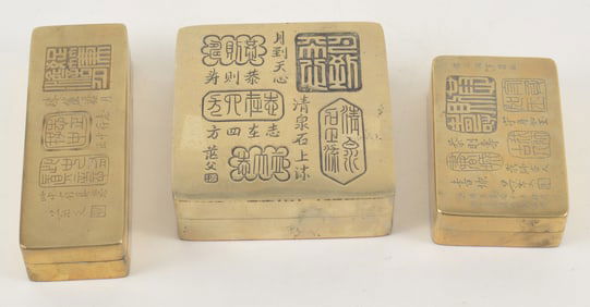 3 Paktong boxes. China. 19th/early 20th century. Surfaces with engraved seals, poems and