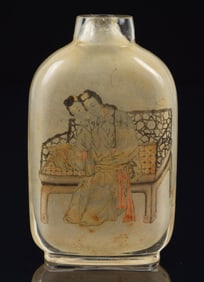 Interior painted rock crystal snuff bottle. Painting of the "Two sisters" by Ma Chung San. Ca. 1900.
