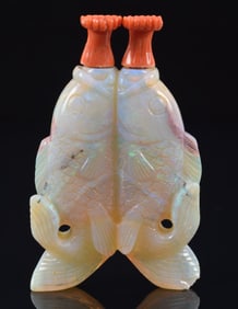 Opal snuff bottle. China. Carved as double fish. Coral stoppers. 2.25 x 1.25in.