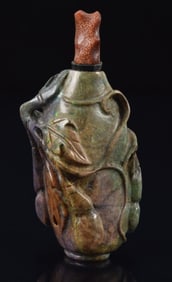 Opal snuff bottle. Carved in the round as gourds and foliage. 2in.