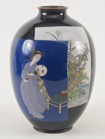 Japanese paneled cloisonne vase with square panels of a court figure and river landscape on a black