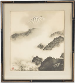 Taikan Yokoyama. Japan. Mt. Fuji through a foggy landscape. Ink and watercolor on silk. Seal and
