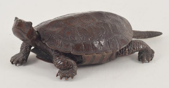 Bronze box. Japan. Meiji period (1868-1912). Cast in the form of a turtle. Signed. 6in.