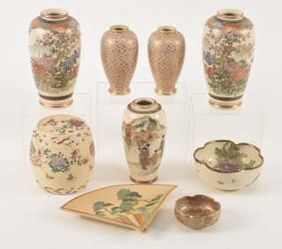 Lot of 9 pieces of Satsuma pottery. Japan. Early 20th century. To include: 5 vases, 2 bowls, a