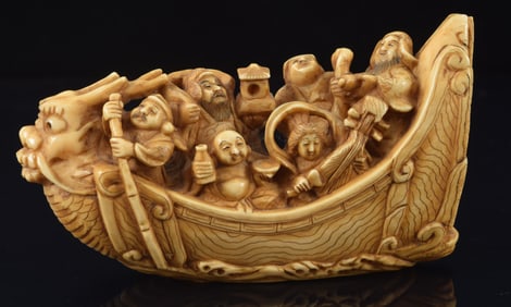 Large netsuke carving of the ship of wealth. Japan. 19th century.